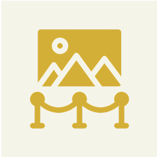Golden icon of a framed mountain landscape with a sun, displayed behind two stanchions, symbolizing an art exhibition.