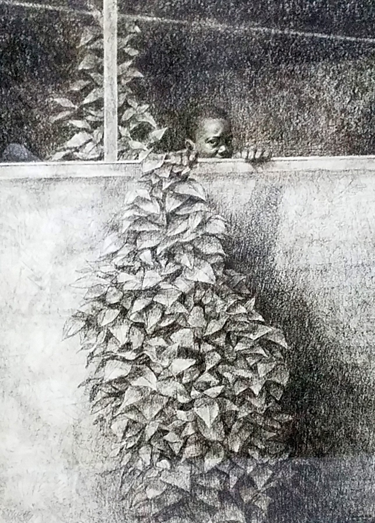 A drawing of leaves growing from the ground