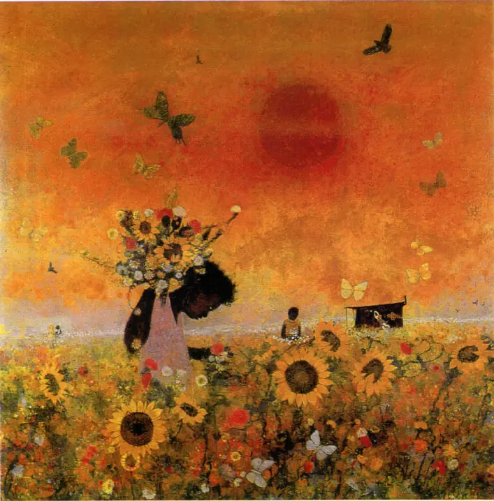 A painting of sunflowers and birds in the background.