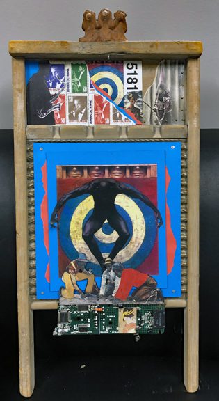 Coltrane_156 A painting of a man standing on top of a wooden board.