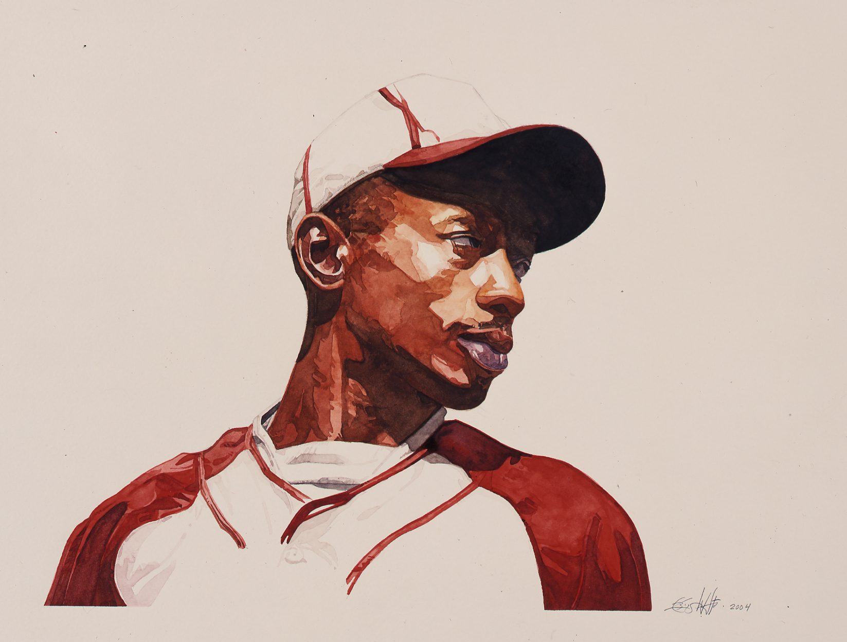 Satchel A painting of a baseball player in red and white.