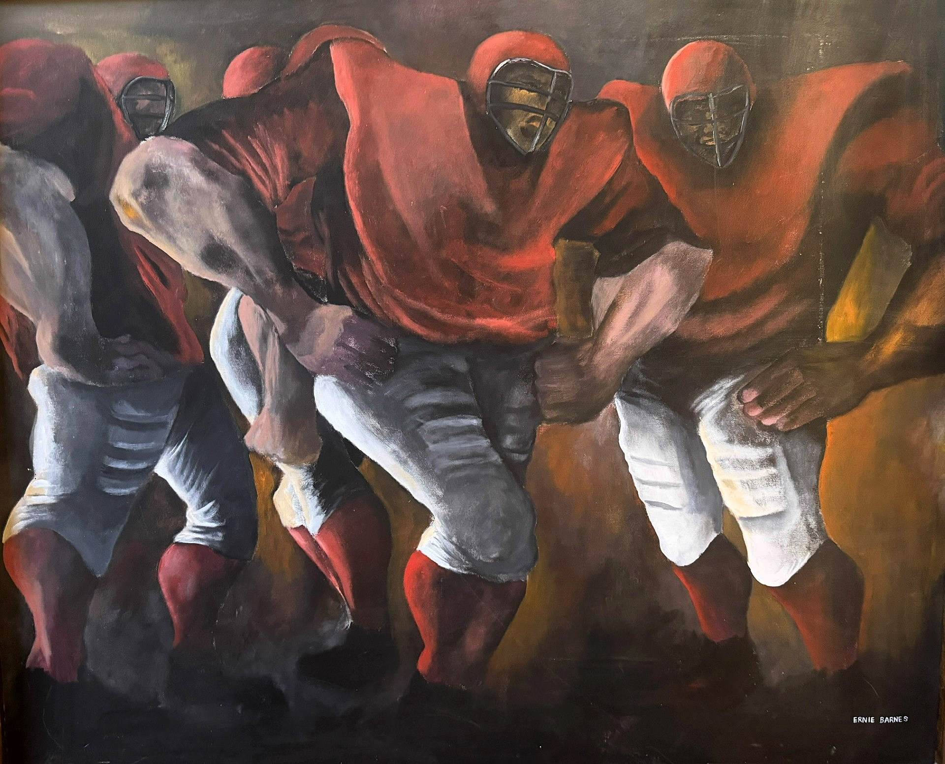 Warriors A painting of football players in red and white uniforms.
