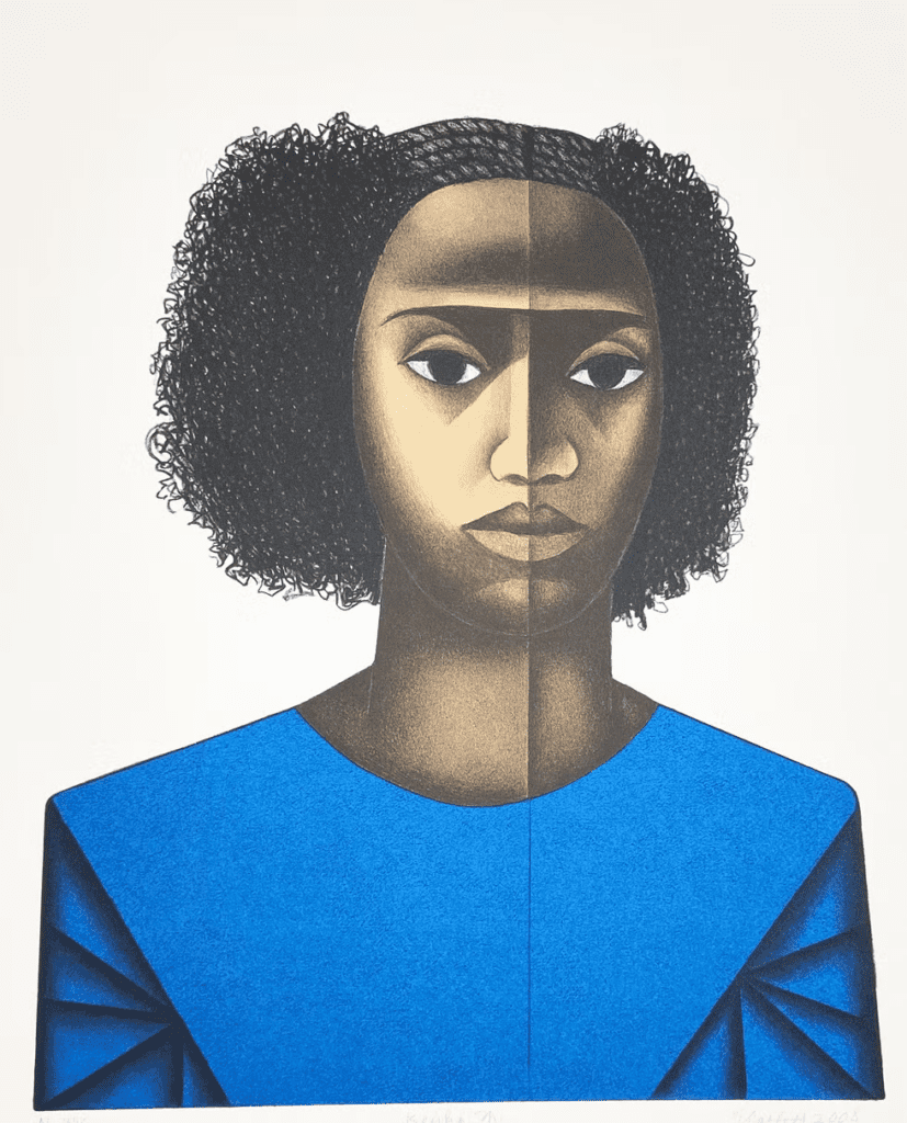A painting of a woman with black hair and blue shirt.